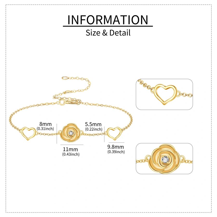 Pulsera con dije de corazón en forma de rosa y circonita cúbica bañada en oro para mujer-5