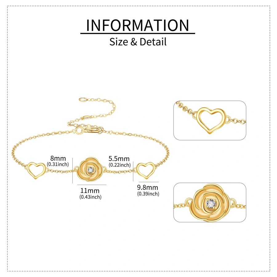 Gold Vermeil Cubic Zirconia Rose & Heart Charm Bracelet for Women-5