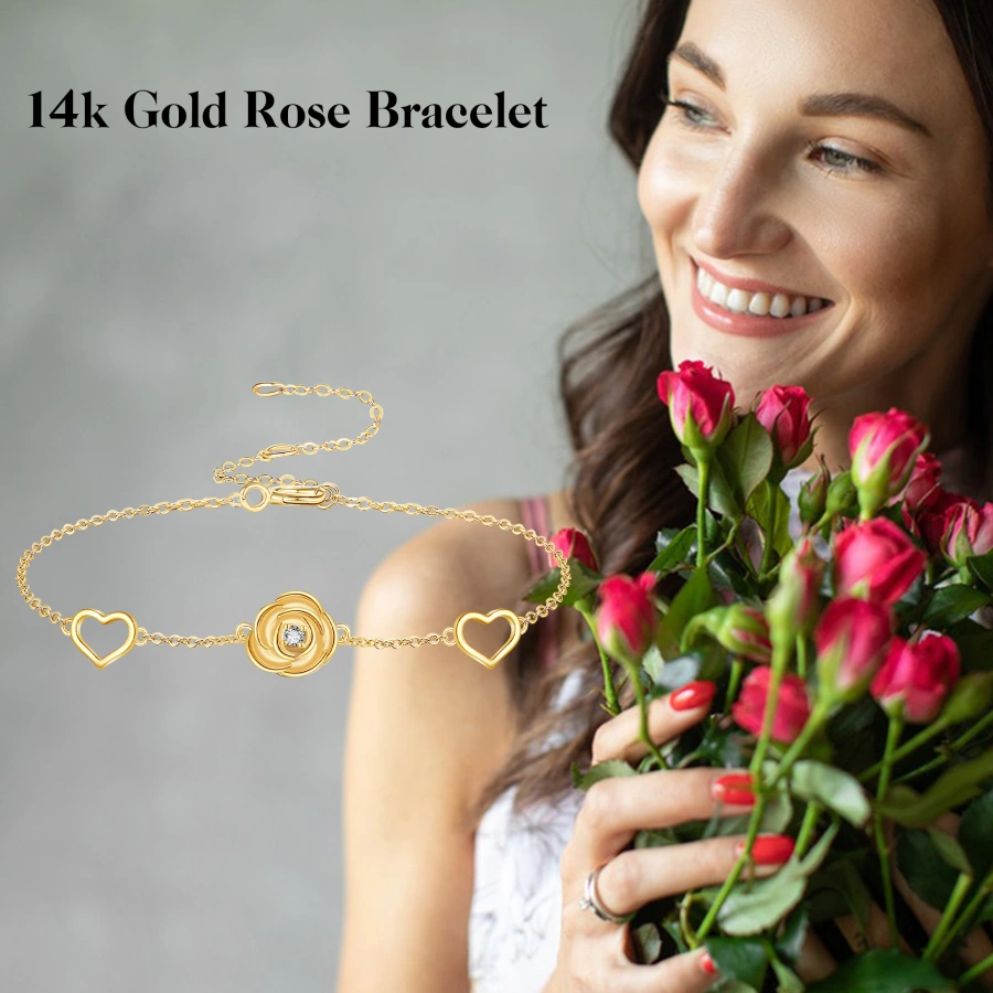 Pulsera con dije de corazón en forma de rosa y circonita cúbica bañada en oro para mujer-6
