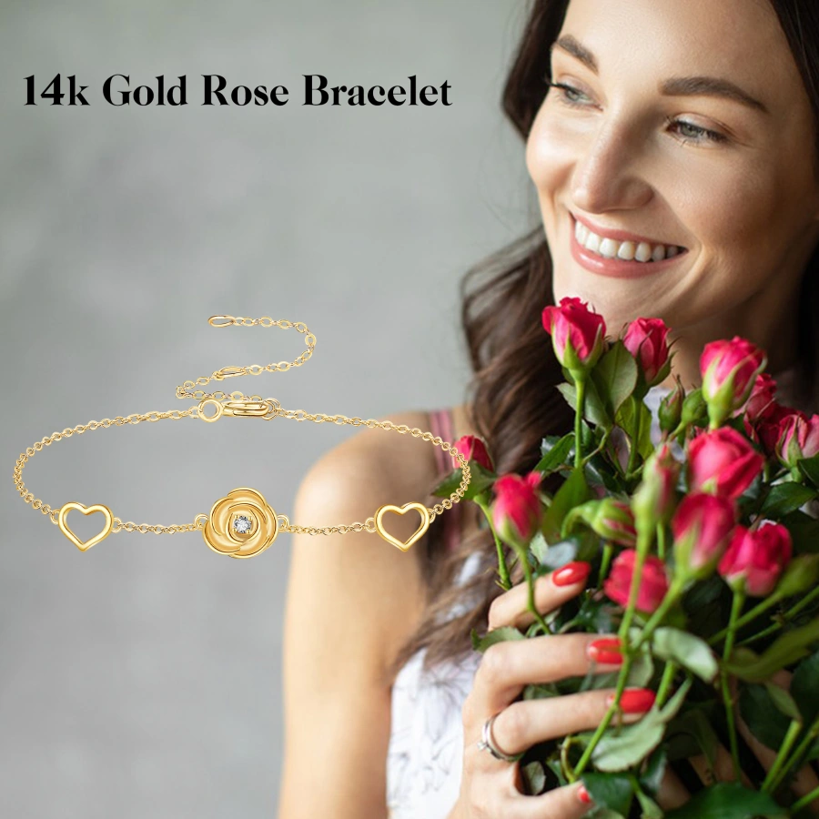 Gold Vermeil Cubic Zirconia Rose & Heart Charm Bracelet for Women-6