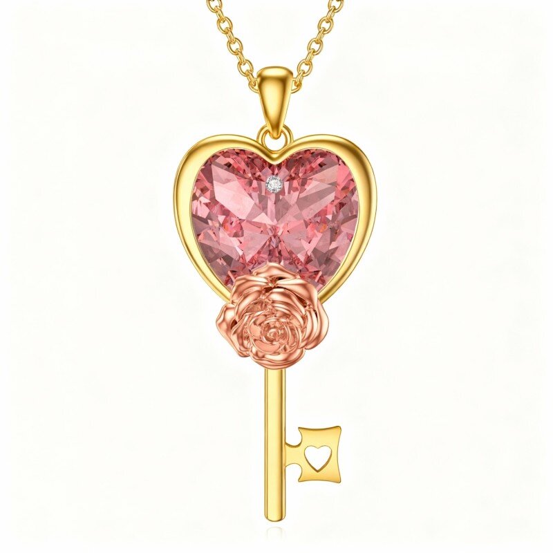 18K Gold Cubic Zirconia Rose & Heart & Lock Pendant Necklace-1