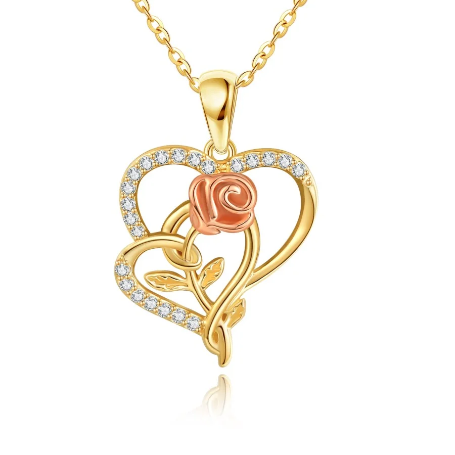 Colar feminino com coração de zircônia cúbica de ouro 14K e coração de rosa-1