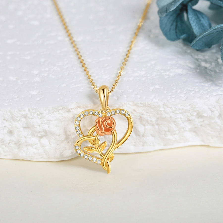 Gold Vermeil Cubic Zirconia Rose & Heart With Heart Necklace for Women-3