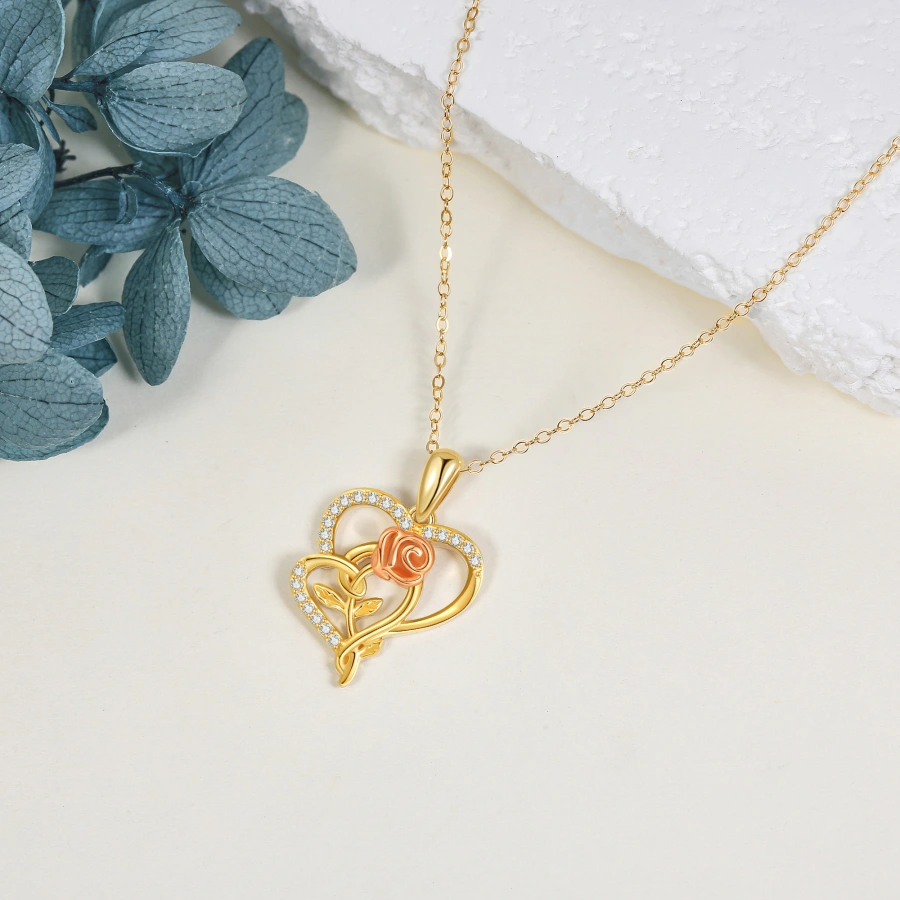 Colar feminino com coração de zircônia cúbica de ouro 14K e coração de rosa-4