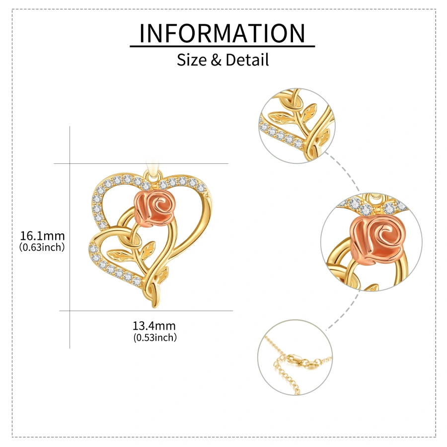 Colar feminino com coração de zircônia cúbica de ouro 18K e coração de rosa-5