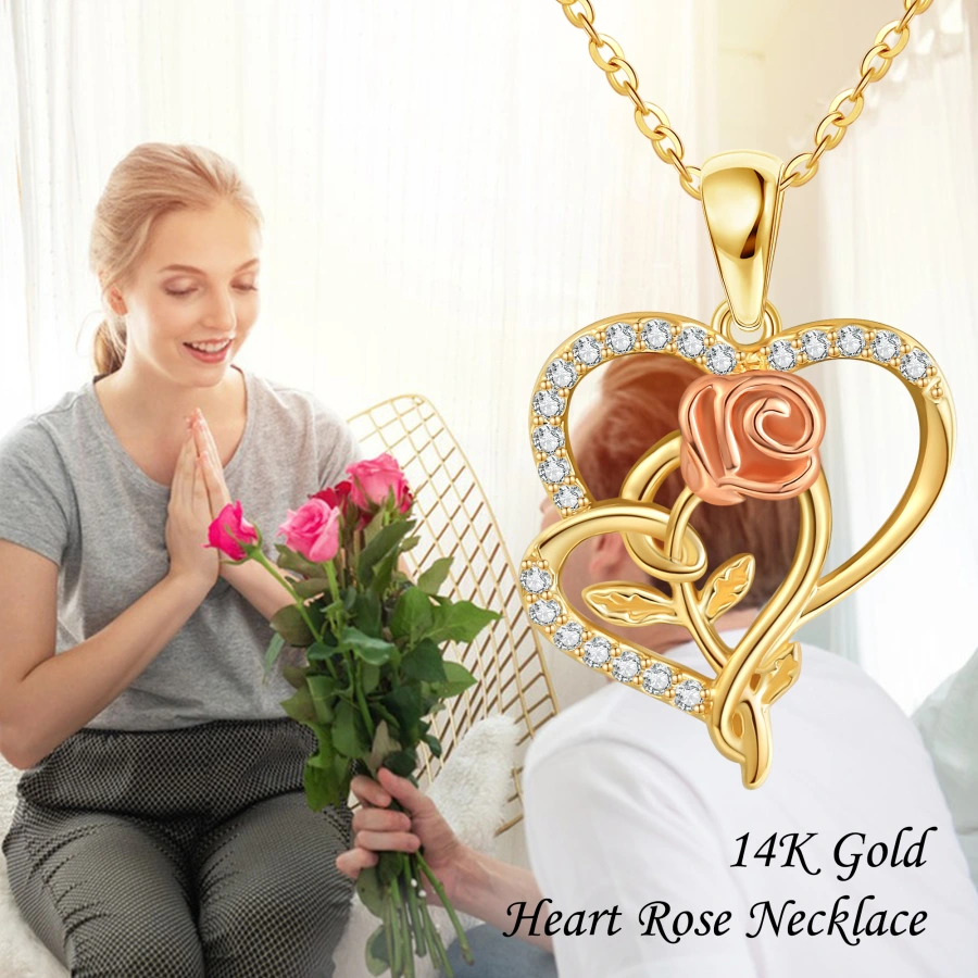 18K Gold Cubic Zirconia Rose & Heart With Heart Necklace for Women-6