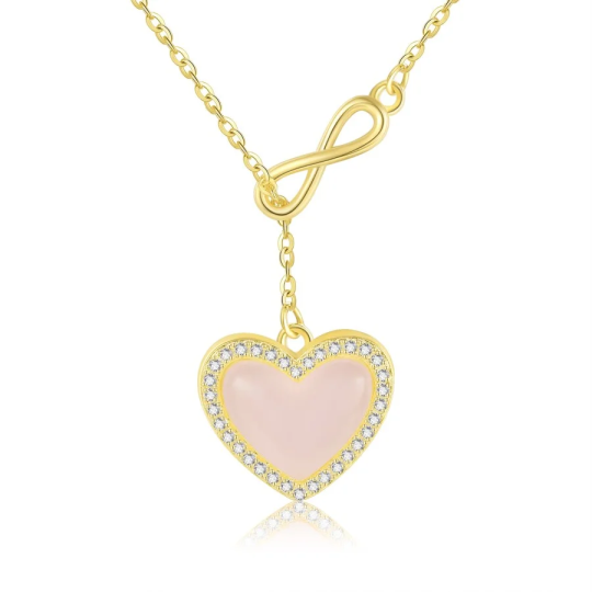 Collar con símbolo de infinito en forma de corazón de cuarzo rosa bañado en oro para mujer