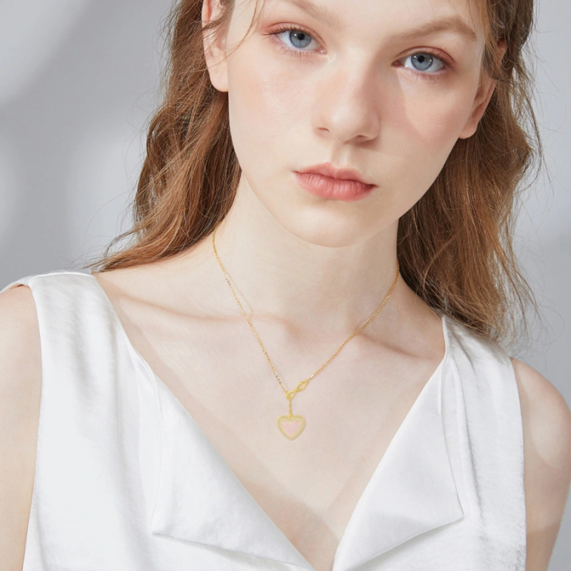 Collar de cuarzo rosa con forma de corazón y símbolo de infinito en baño de oro para mujer-2