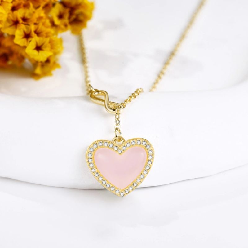 Collar de cuarzo rosa con forma de corazón y símbolo de infinito en baño de oro para mujer-3