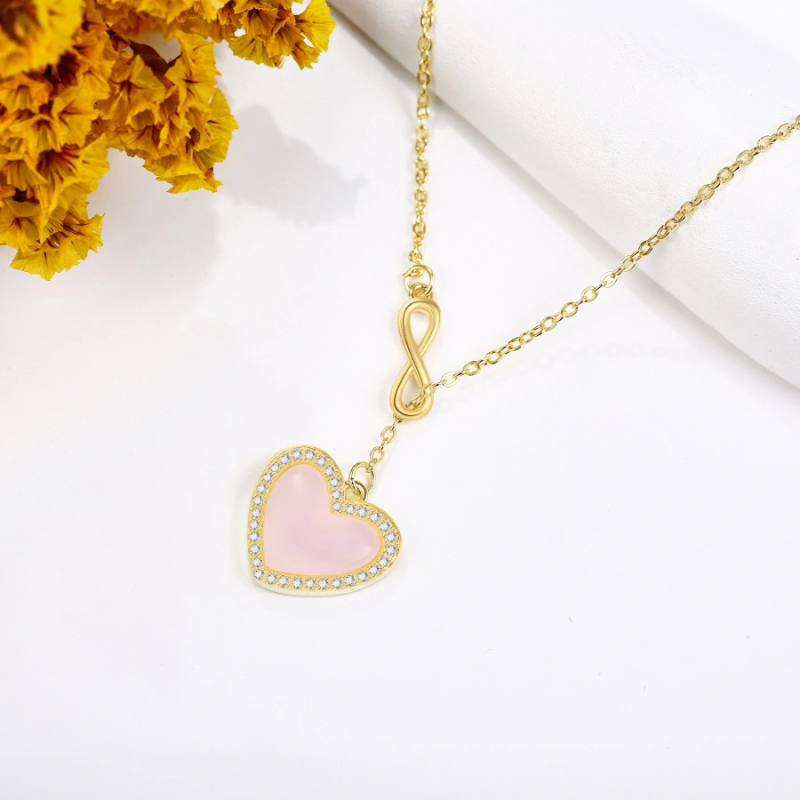 Collar de cuarzo rosa con forma de corazón y símbolo de infinito en baño de oro para mujer-4