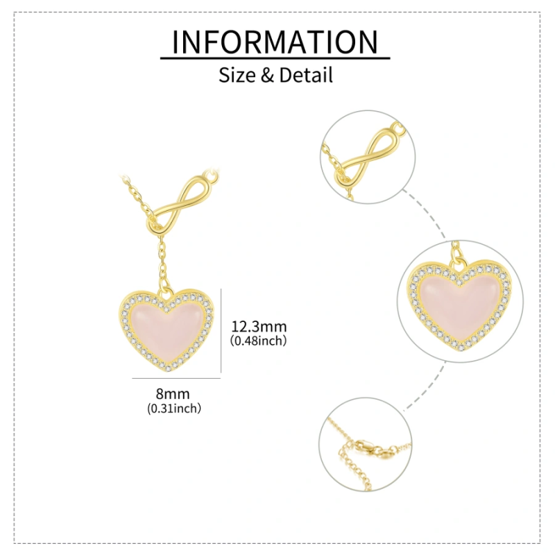 Collar de cuarzo rosa con forma de corazón y símbolo de infinito en baño de oro para mujer-5