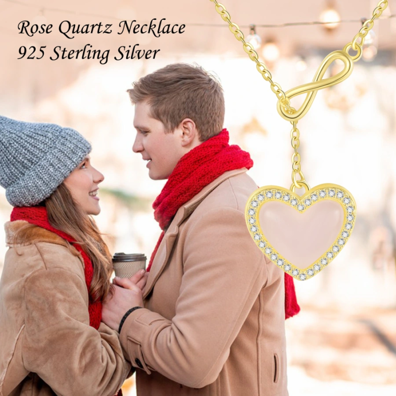 Collar de cuarzo rosa con forma de corazón y símbolo de infinito en baño de oro para mujer-6