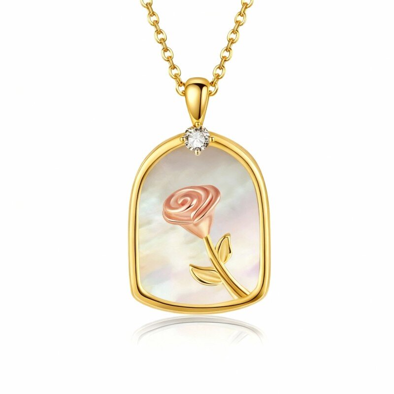 18K Gold Cubic Zirconia Rose & Shell Pendant Necklace-1