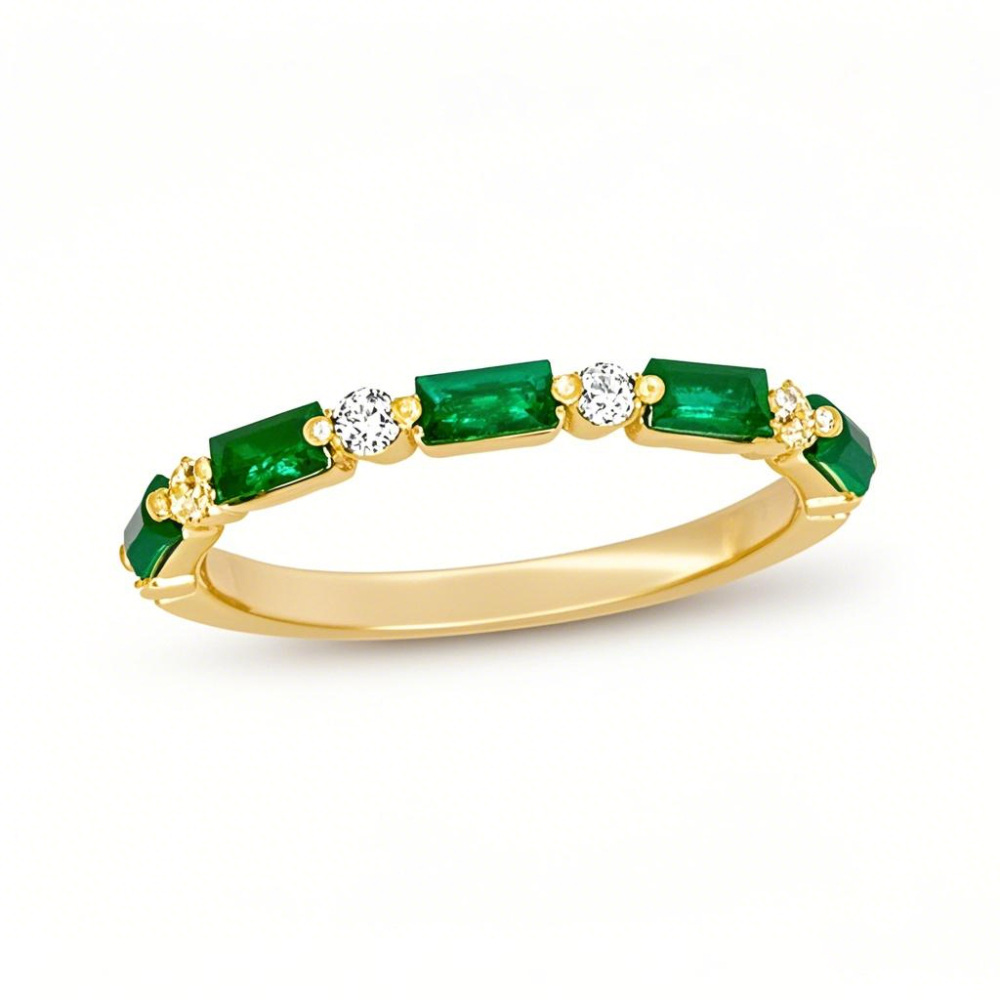 10K Gold Round Cut & Baguette Diamond & Emerald Custom Stackable Ring I Color I1 Clarity 3EX IGI Certified-1