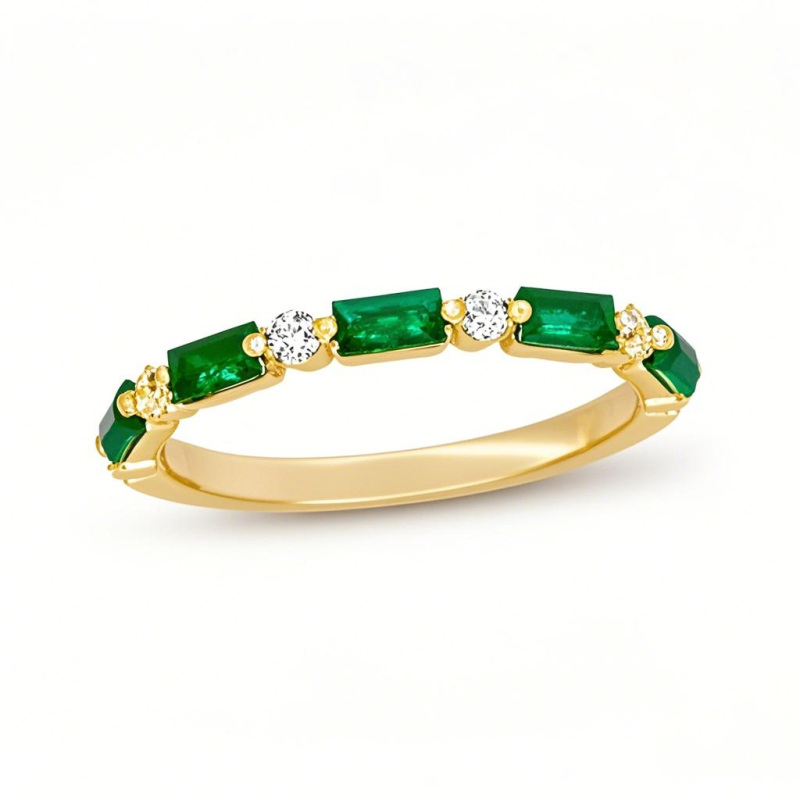 10K Gold Round Cut & Baguette Diamond & Emerald Custom Stackable Ring I Color I1 Clarity 3EX IGI Certified-14