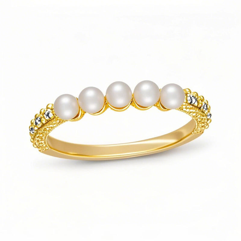 10K Gold Round Cut Diamond & Pearl Custom Stackable Ring I Color I1 Clarity 3EX-30