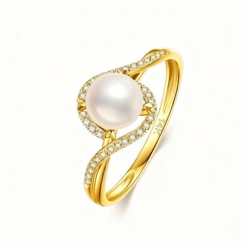 Anillo de boda personalizado de oro de 14 quilates con diamante de talla redonda y perla-1