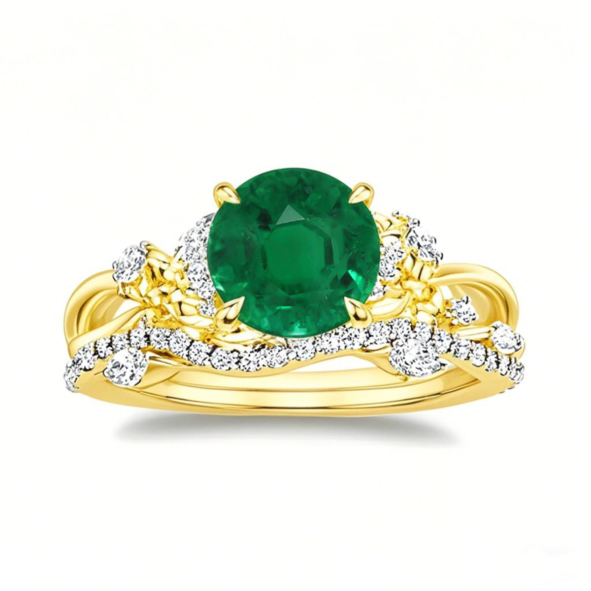 10K Gold Round Cut Emerald & 0.25 CT.T.W. Luxe Winding Willow Diamond Bridal Set-1