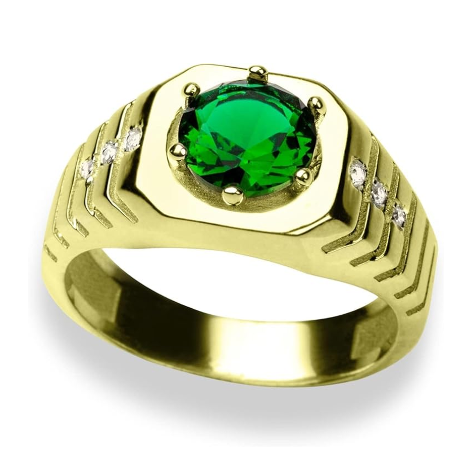 Alianza de boda para hombre en oro de 18 quilates con esmeralda de talla redonda y 6 diamantes.-1