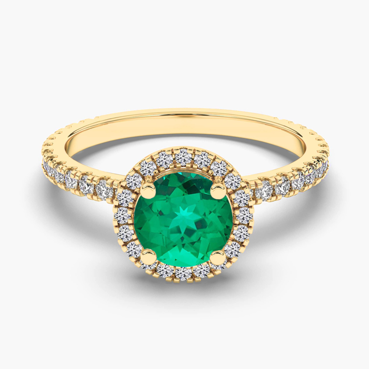 Anillo de compromiso de oro de 10 quilates con halo de diamantes y esmeralda de talla redonda-1