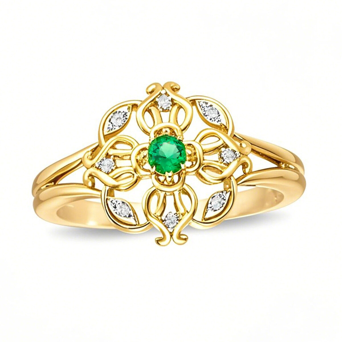 10K Gold Round Cut Emerald & Marquise Cut Diamond Accent Filigree Clover Split Shank Engagement Band-1