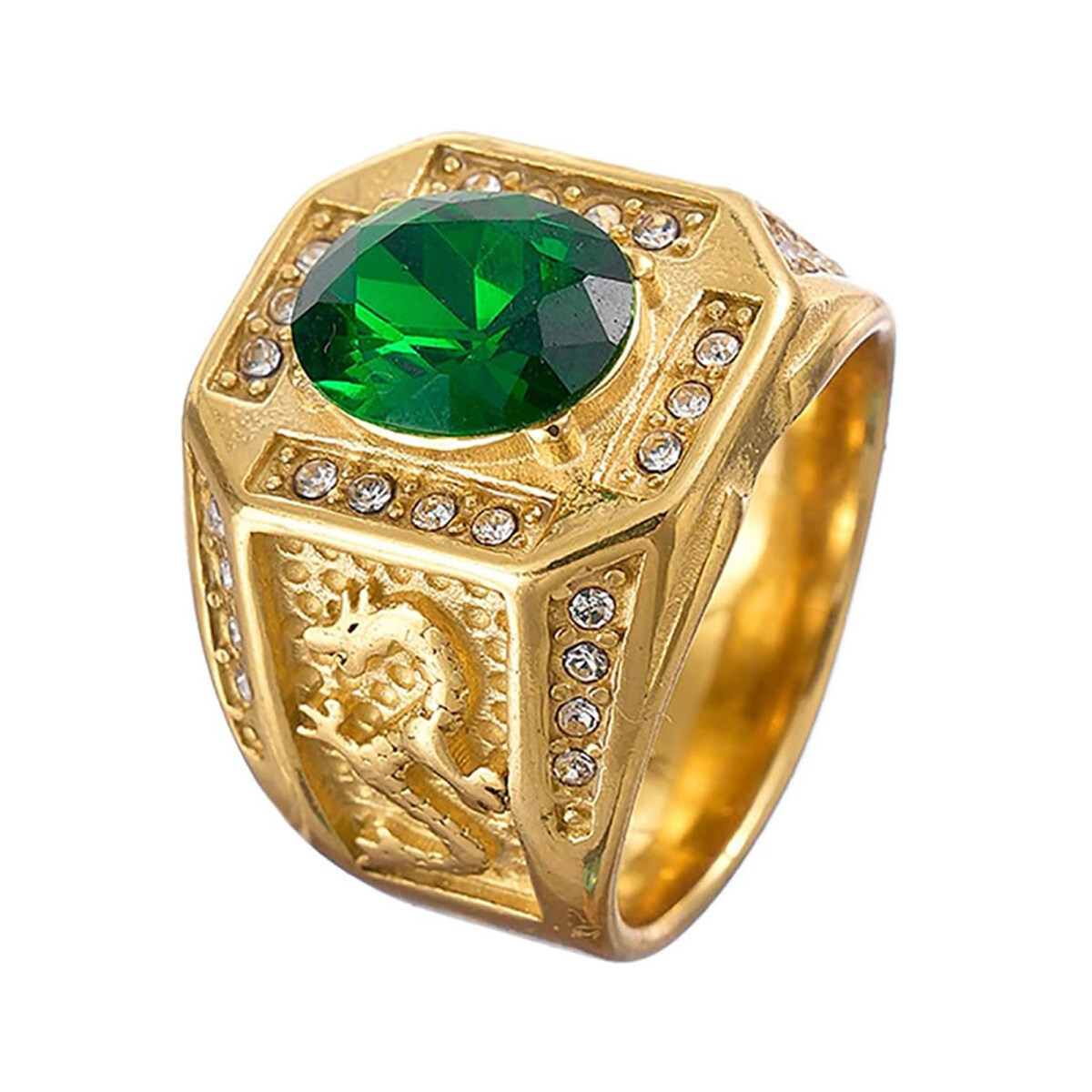 18K Gold Round Cut Emerald & Natrual Diamond Dragon Signet Wedding Band Best Gift for Husband/Father/His-1