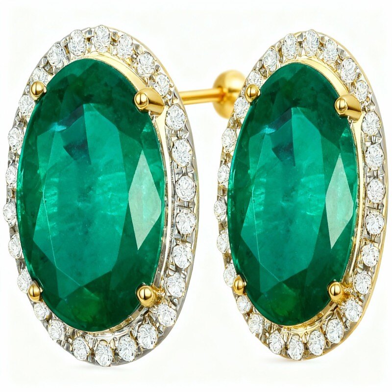 18K Gold Round Cut Emerald Round Stud Earrings-1
