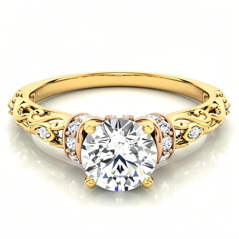 18K Gold Round Cut Halo Moissanite Engagement Ring-1
