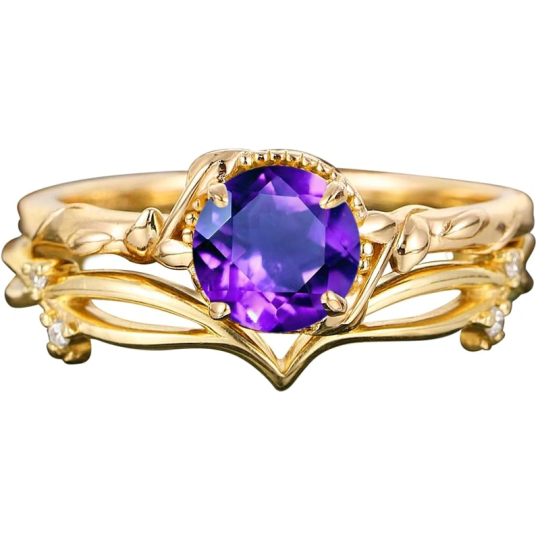 18K Złoty Okrągły Cięty Ivy Gemstone Pierścionek Zaręczynowy Vintage Ślub Panny Młodej Rocznica Propozycji Zestaw Pierścienia