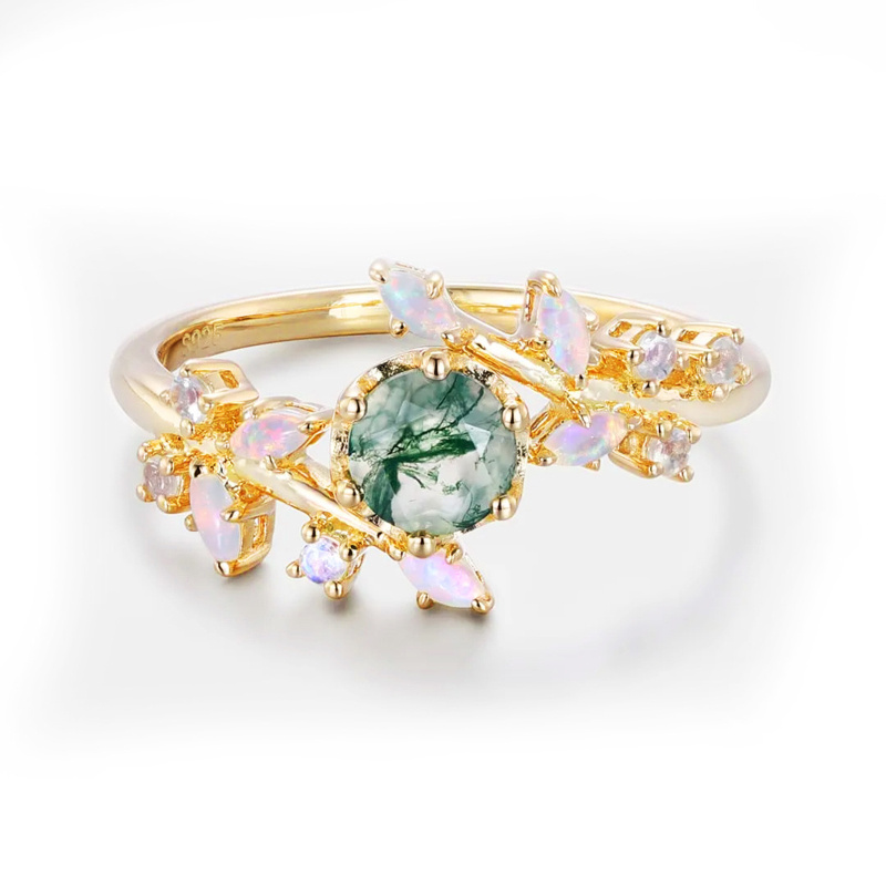 Bague de fiançailles en or 10 carats et agate mousse à feuilles rondes-1