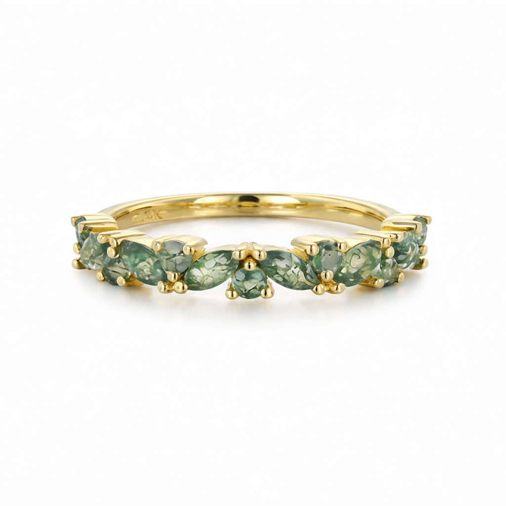 Ehering aus Sterlingsilber mit gelbvergoldetem, rundem und marquiseförmigem Moosachat