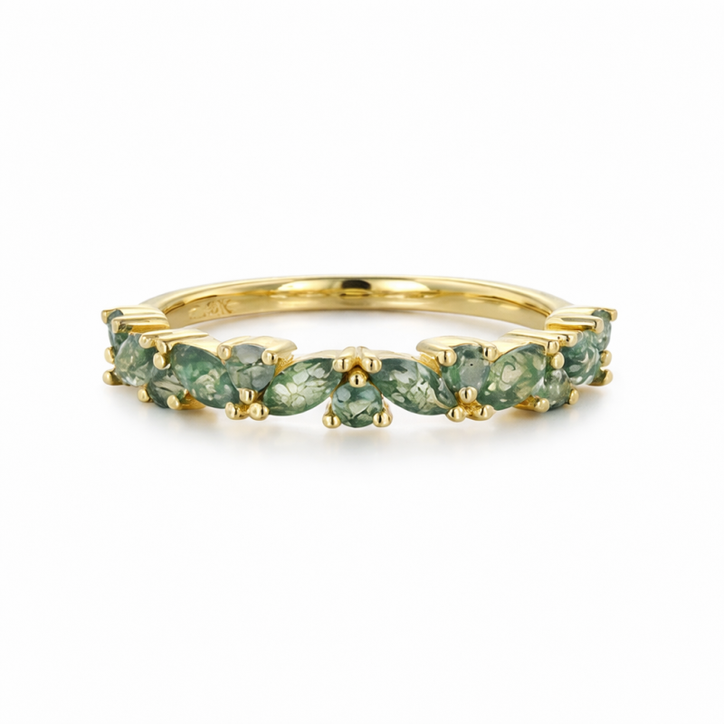 Sterling Silver with Yellow Gold Plated Round Cut & Marquise Cut Moss Agate Wedding Ring-16