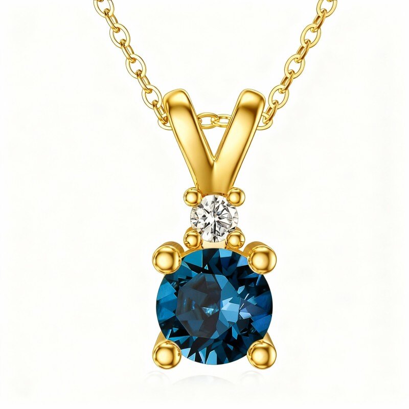 14K Gold Round Cut Moissanite & Topaz Round Pendant Necklace-1