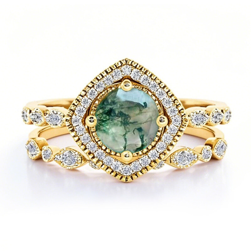 Anillo de compromiso de ágata musgosa de corte redondo en oro de 18 quilates-1