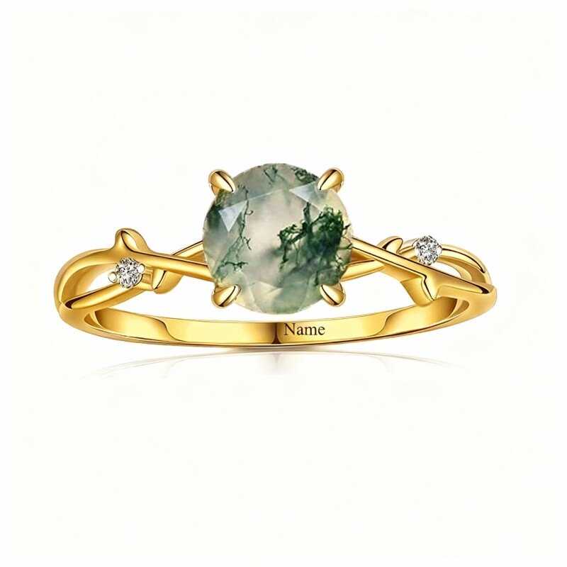 Bague classique personnalisée avec prénom, en or 14 carats et agate mousse taille ronde.-1