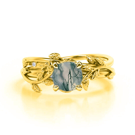 Sterling Silver with Yellow Gold Plated Moss Agate Leaves Ring