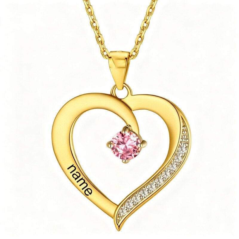 Colar com pendente de coração em ouro de 14 quilates com zircónia cúbica de corte redondo, pedra de nascimento personalizada, gravação personalizada e detalhe de coração.-1