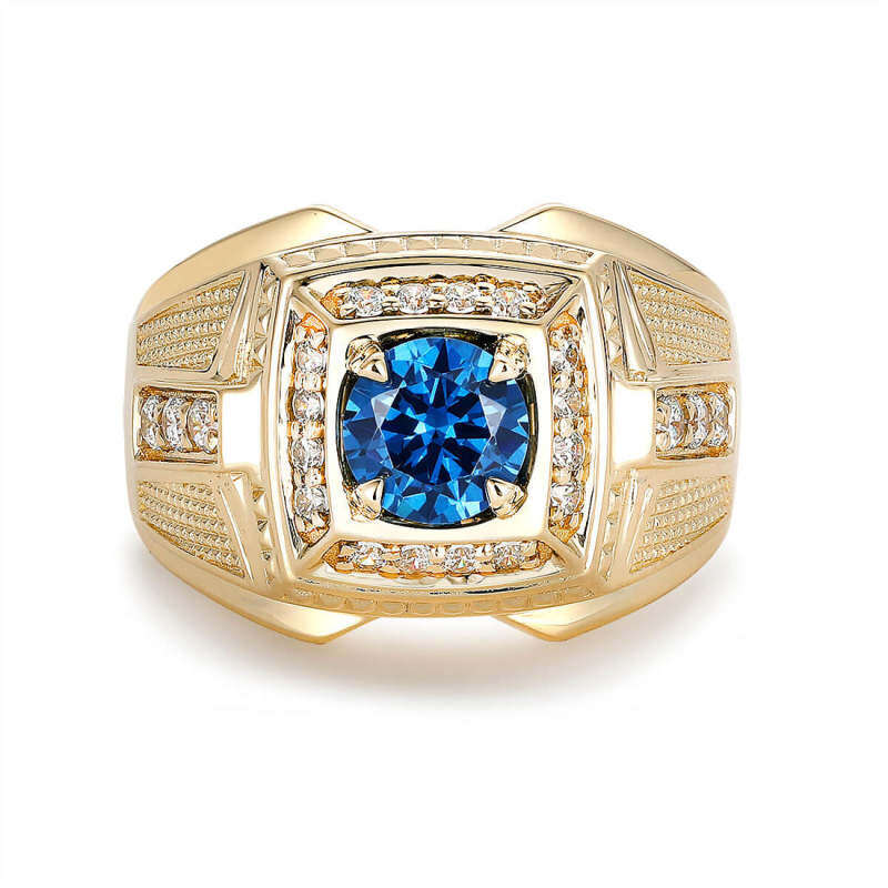 10K Gold Round Cut Sapphire Moissanite Personalized Engraving Ring for Men-2