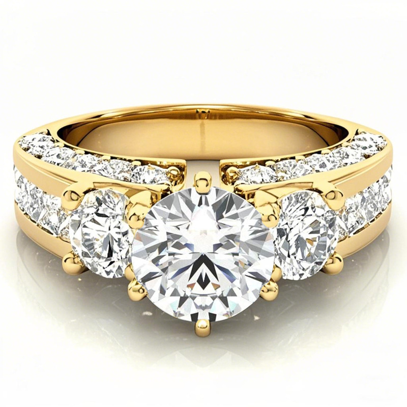 14K Gold Round Cut Three-Stone Moissanite Engagement Ring-1