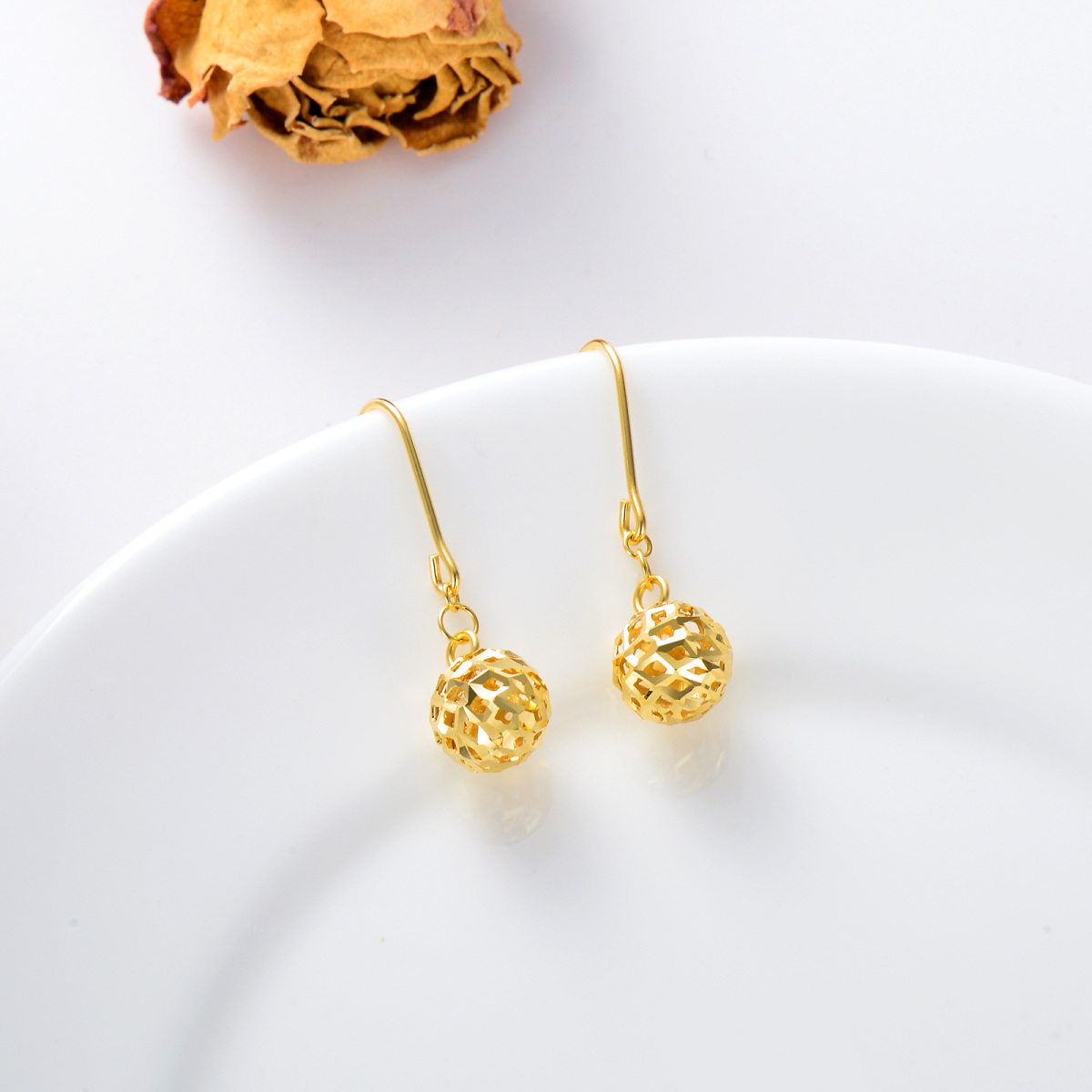 10K Gold Round Drop Earrings-3