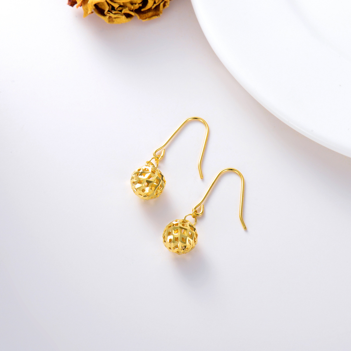 10K Gold Round Drop Earrings-4