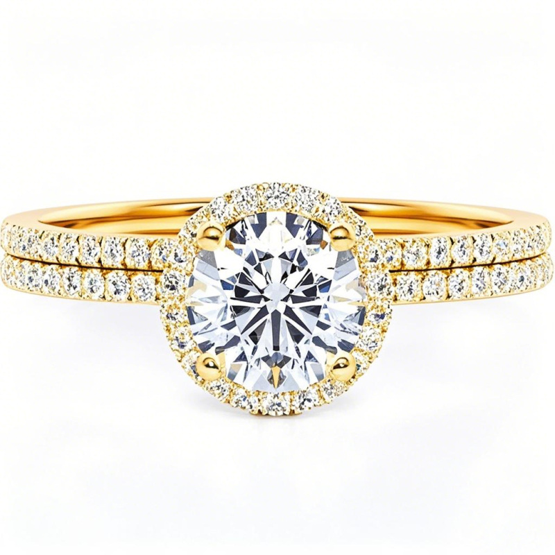 Anel de casamento personalizado com gravura redonda de moissanita em ouro 18K-1