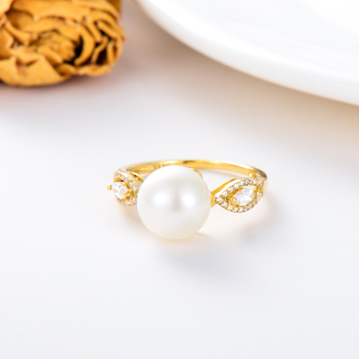 14K Gold Round Pearl Round/Spherical Ring-3