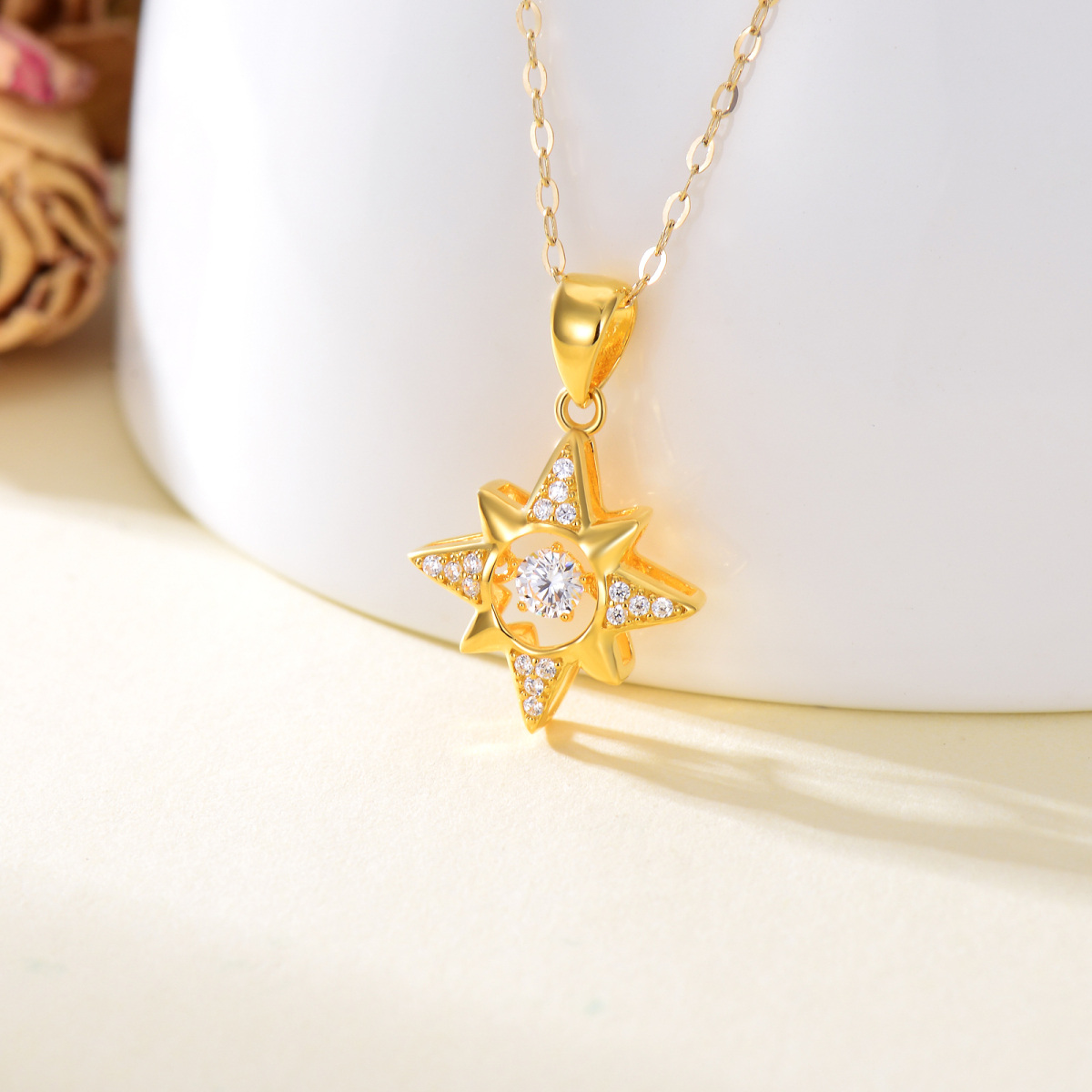 10K Gold Round Cubic Zirconia Stars Calendered Chain Necklace-3