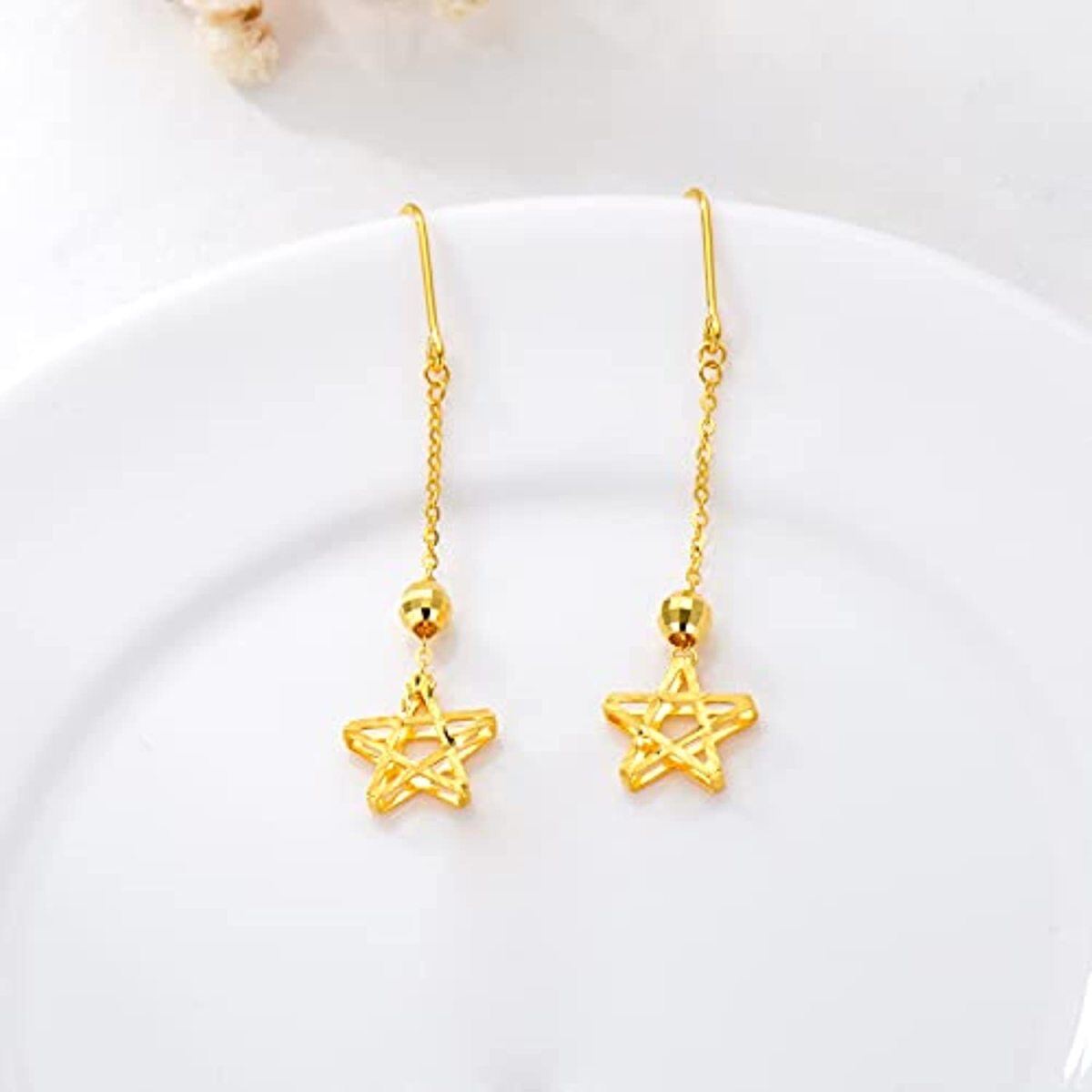 10K Gold Star Drop Earrings-3