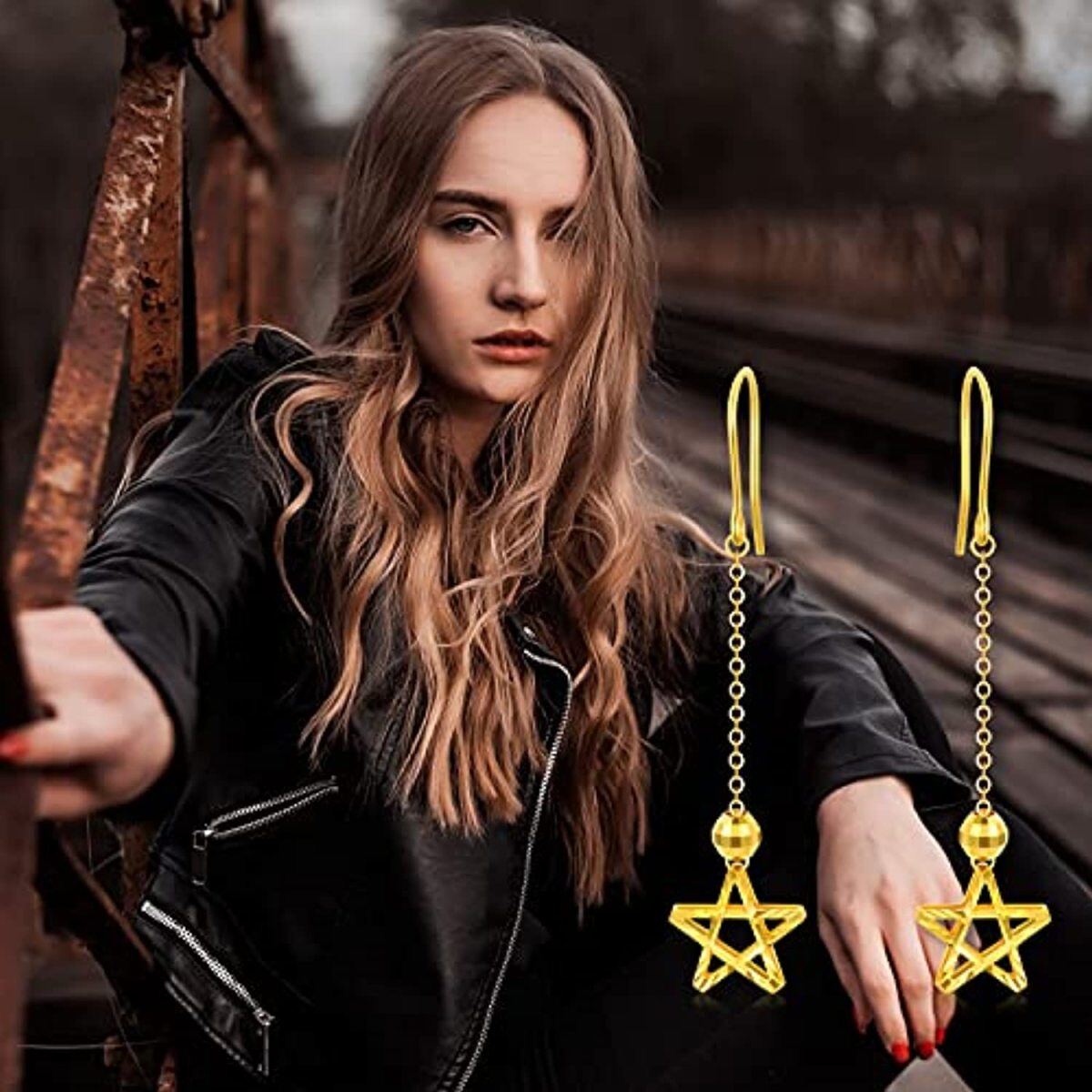 10K Gold Star Drop Earrings-4