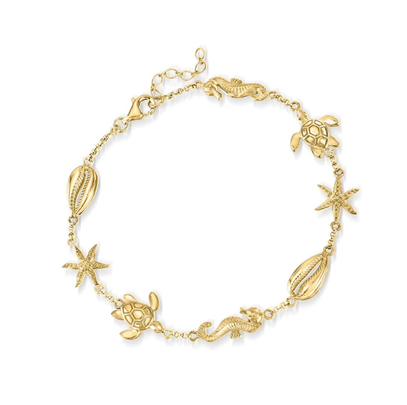 Sterling Silver with Yellow Gold Plated Summer Beach Sea Life Charm Anklet-11