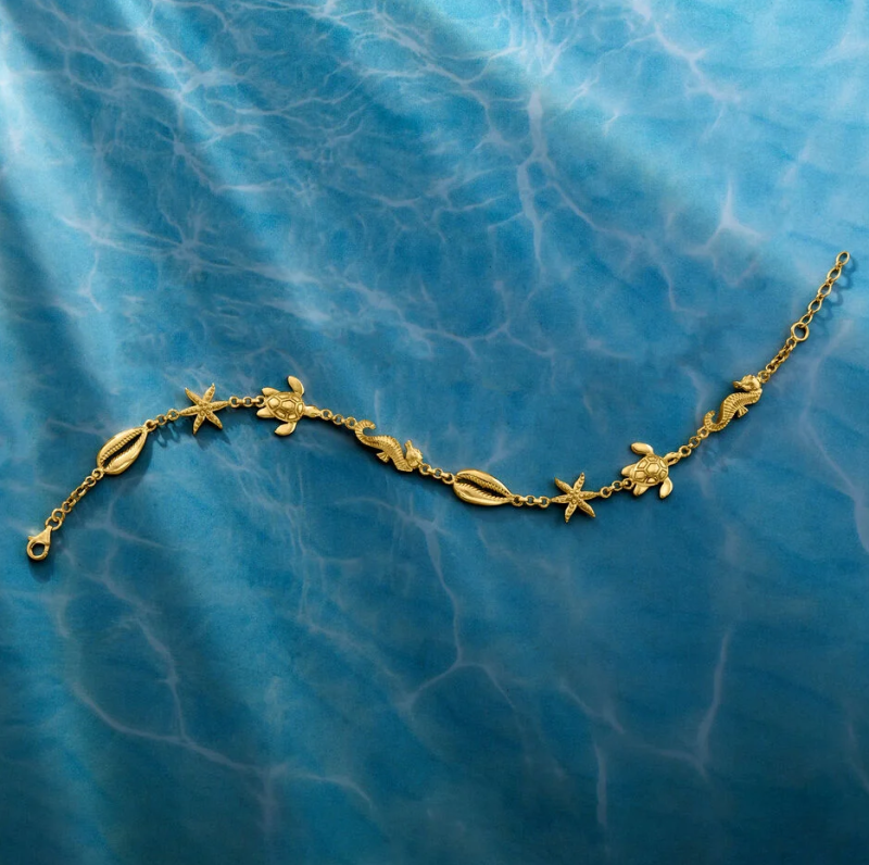 Sterling Silver with Yellow Gold Plated Summer Beach Sea Life Charm Anklet-3
