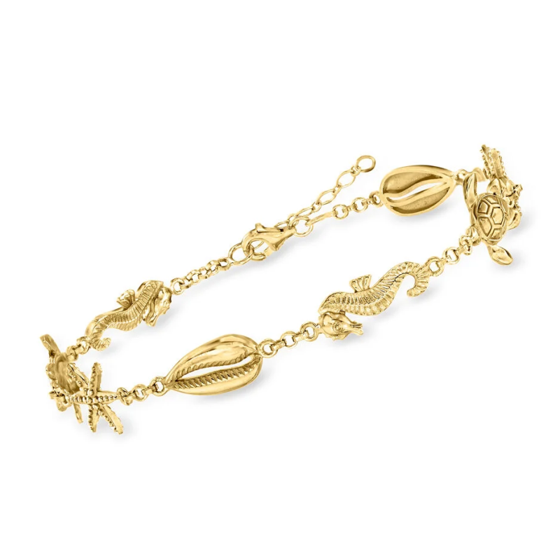 Sterling Silver with Yellow Gold Plated Summer Beach Sea Life Charm Anklet-4