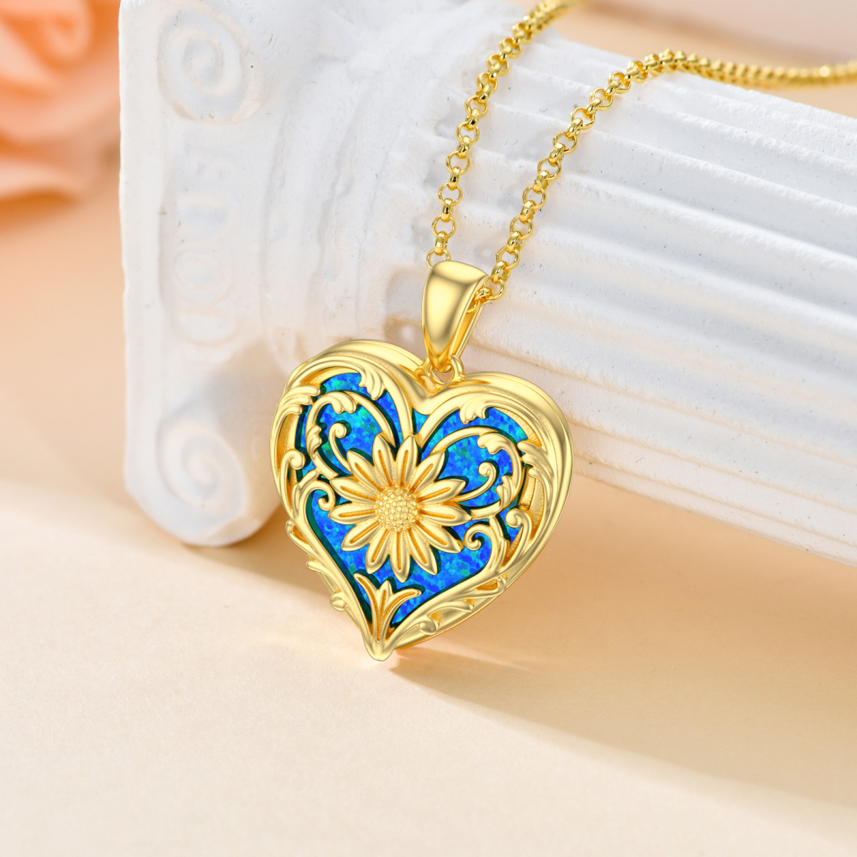 14K Gold Opal Sunflower & Heart Personalized Photo Locket Necklace-3